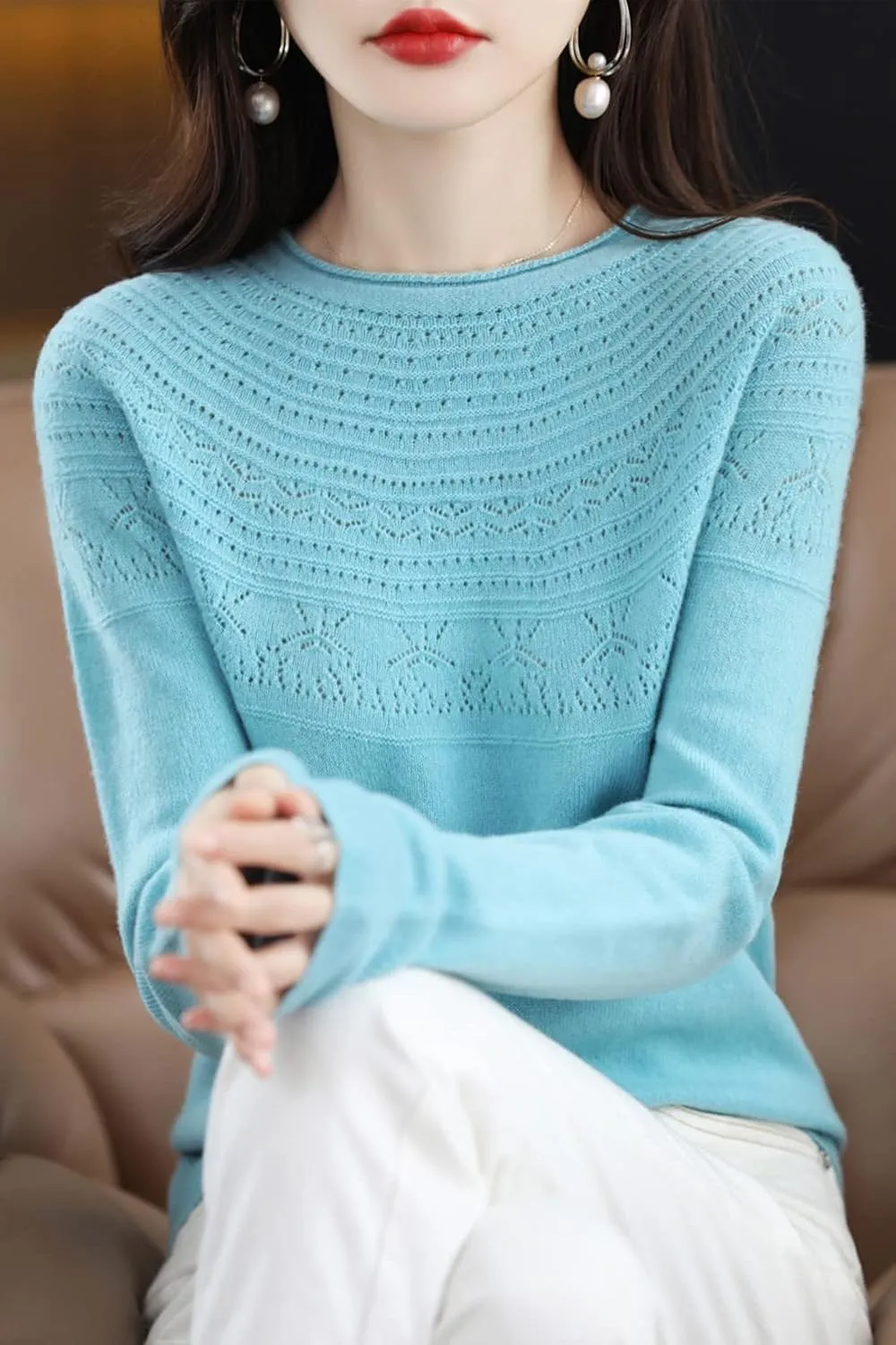 100% Merino Wool Sweaters Women's Fall Winter Warm Soft Knitted Loose Pullover Crew Neck Long Sleeves