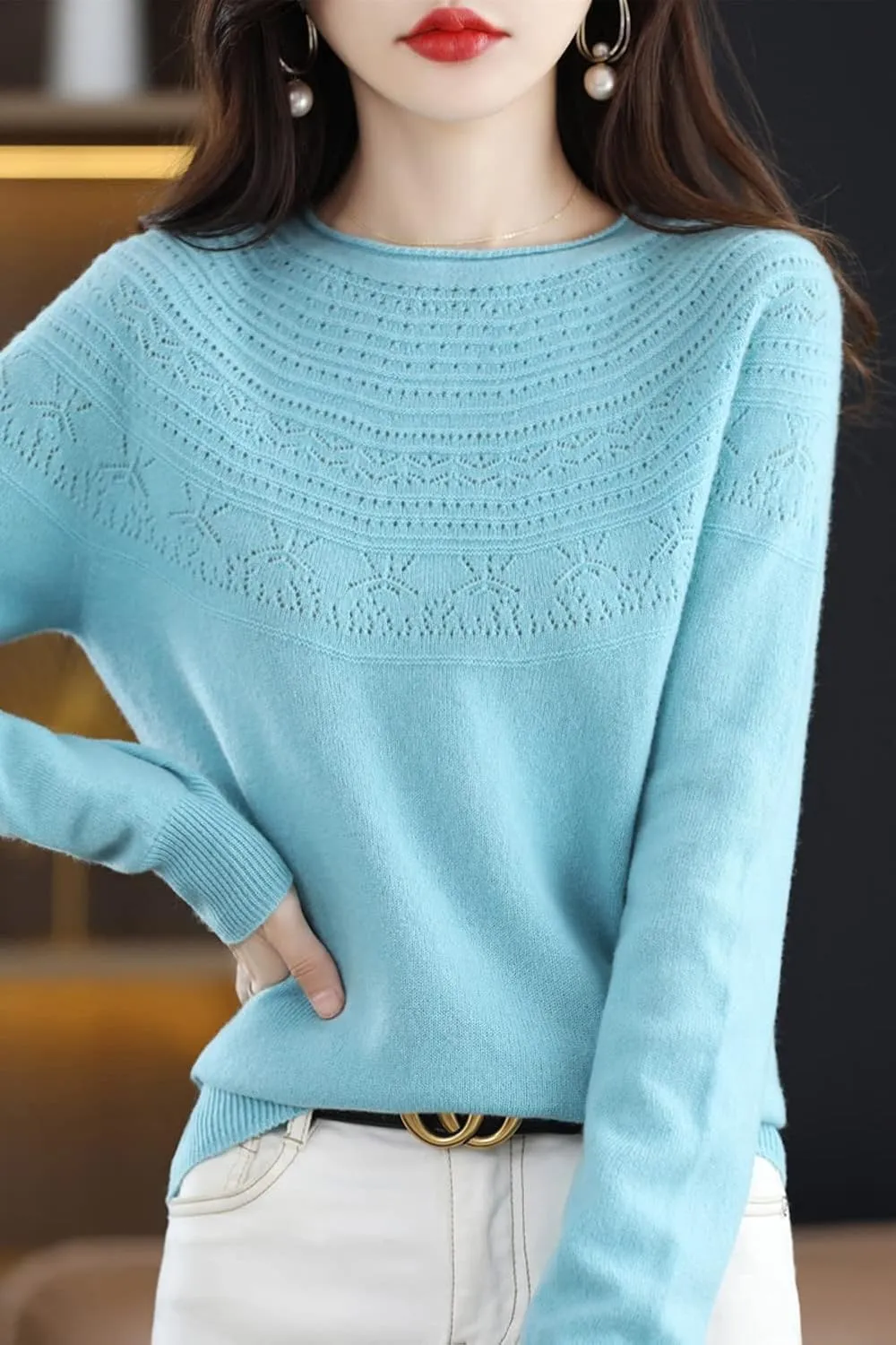 100% Merino Wool Sweaters Women's Fall Winter Warm Soft Knitted Loose Pullover Crew Neck Long Sleeves