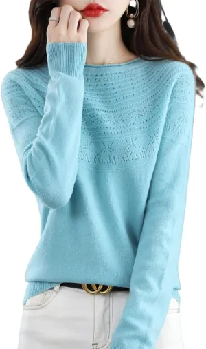 100% Merino Wool Sweaters Women's Fall Winter Warm Soft Knitted Loose Pullover Crew Neck Long Sleeves