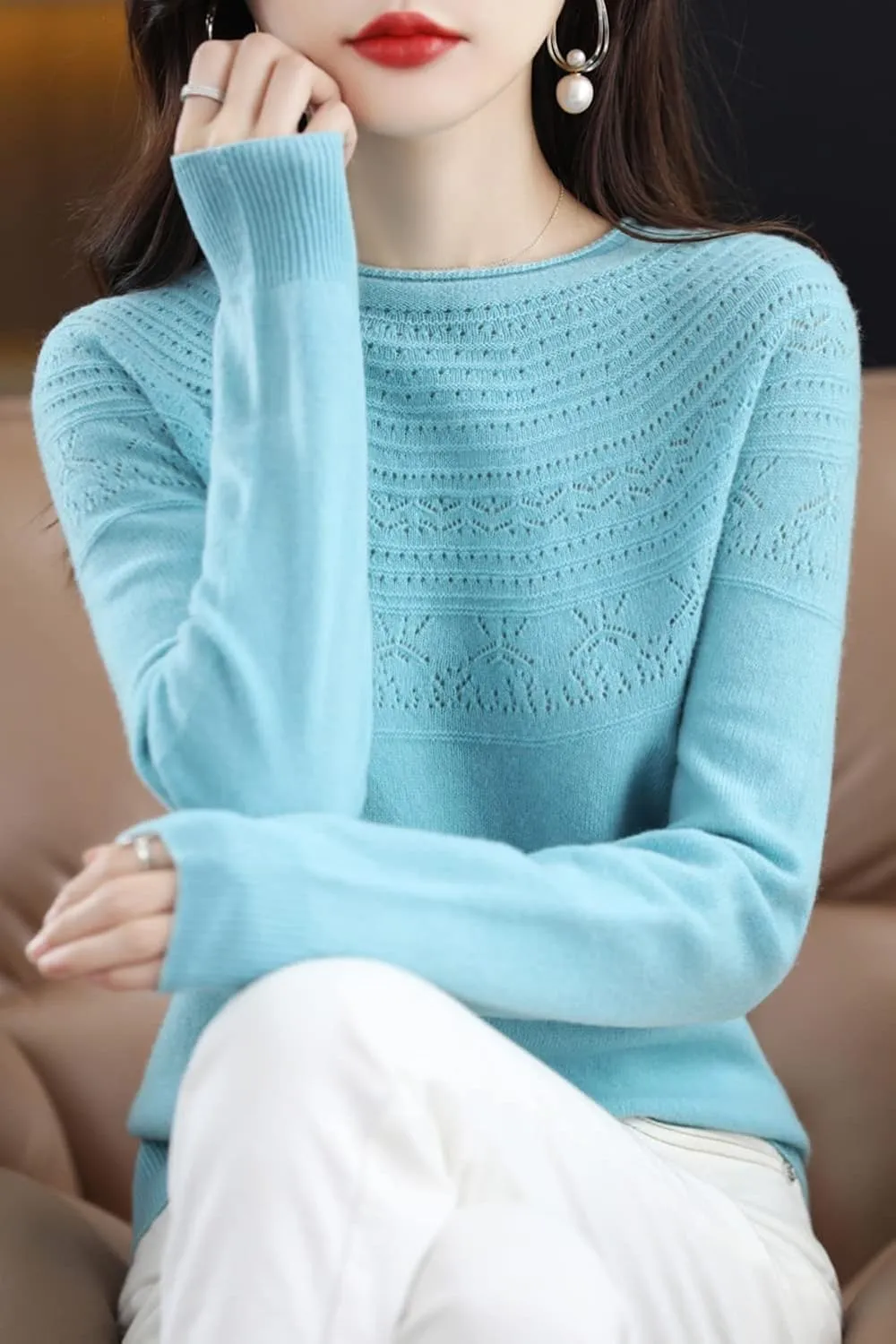 100% Merino Wool Sweaters Women's Fall Winter Warm Soft Knitted Loose Pullover Crew Neck Long Sleeves