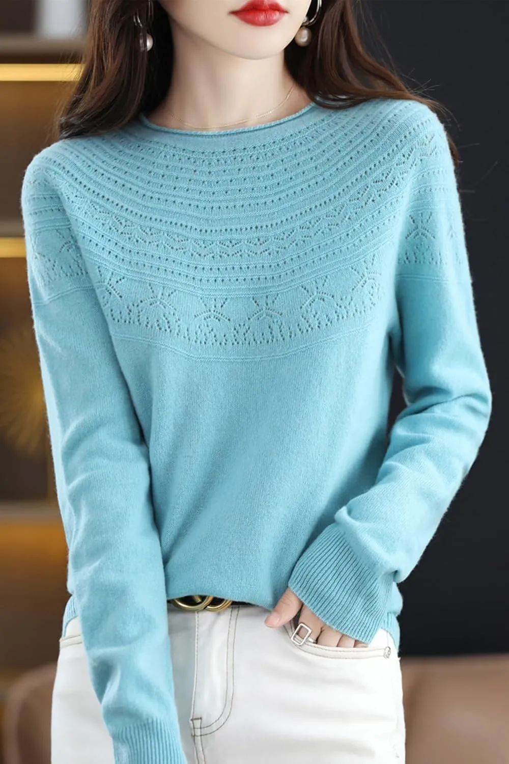 100% Merino Wool Sweaters Women's Fall Winter Warm Soft Knitted Loose Pullover Crew Neck Long Sleeves