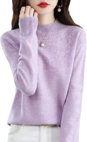 100% Merino Wool Sweaters Women's Fall Winter Warm Soft Knitted Loose Pullover Turtleneck Long Sleeves