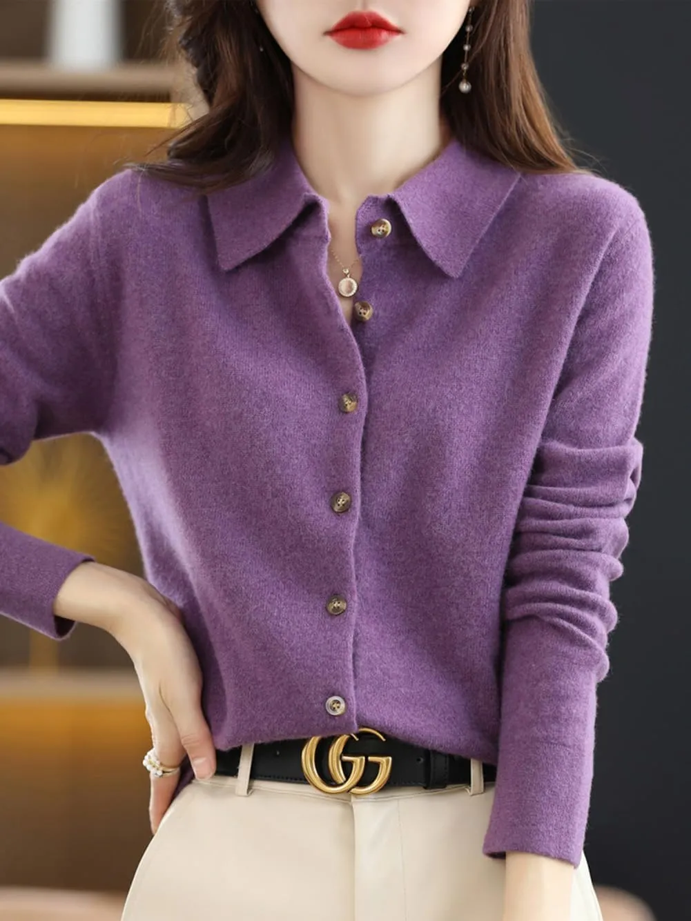 100% Merino Wool Sweaters Women's Fall Winter Warm Soft Knitted Shirt Lapel Polo Collar Cardigan Long Sleeves
