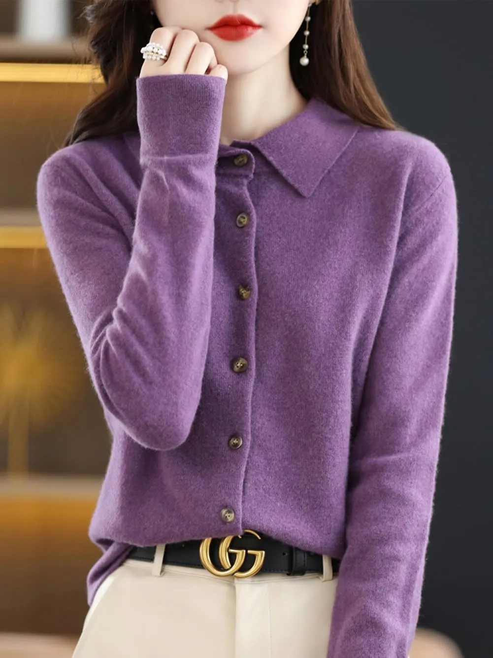 100% Merino Wool Sweaters Women's Fall Winter Warm Soft Knitted Shirt Lapel Polo Collar Cardigan Long Sleeves