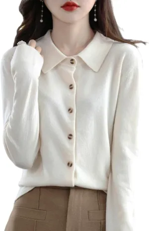 100% Merino Wool Sweaters Women's Fall Winter Warm Soft Knitted Shirt Lapel Polo Collar Cardigan Long Sleeves