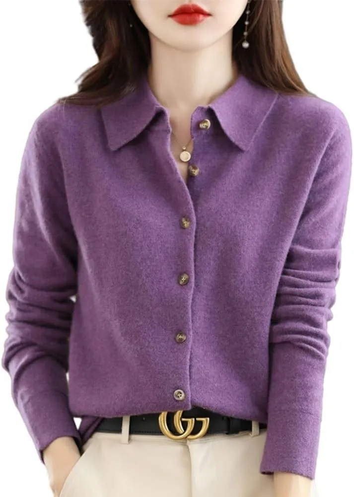 100% Merino Wool Sweaters Women's Fall Winter Warm Soft Knitted Shirt Lapel Polo Collar Cardigan Long Sleeves