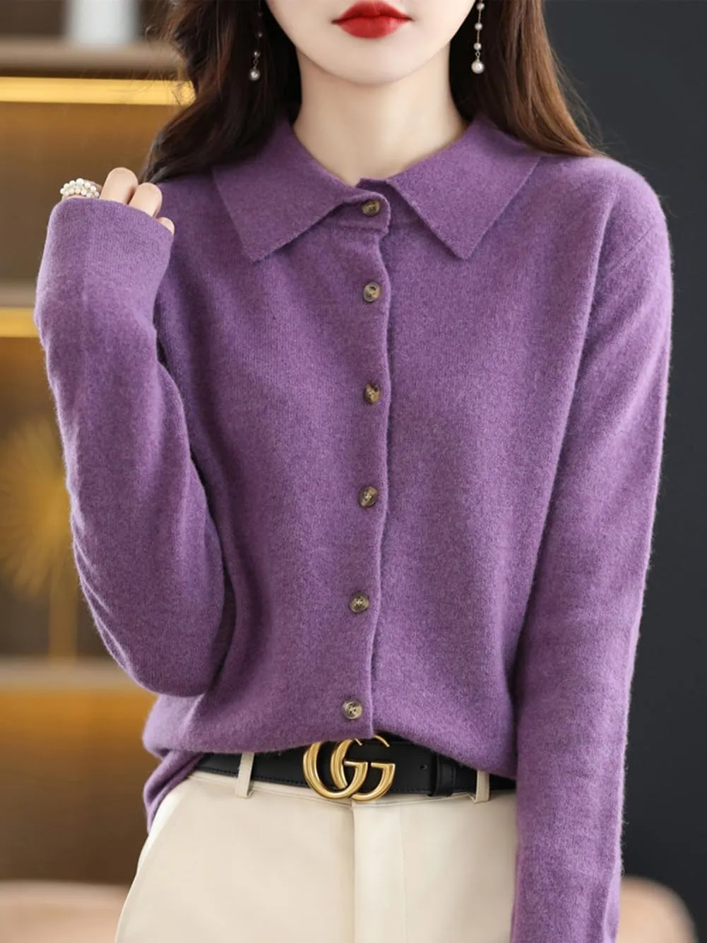 100% Merino Wool Sweaters Women's Fall Winter Warm Soft Knitted Shirt Lapel Polo Collar Cardigan Long Sleeves