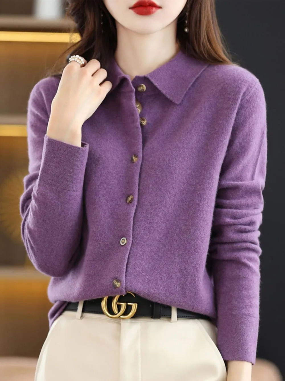 100% Merino Wool Sweaters Women's Fall Winter Warm Soft Knitted Shirt Lapel Polo Collar Cardigan Long Sleeves