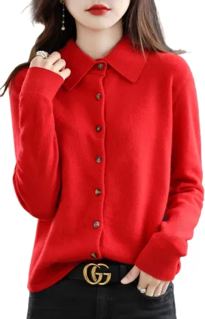 100% Merino Wool Sweaters Women's Fall Winter Warm Soft Knitted Shirt Lapel Polo Collar Cardigan Long Sleeves