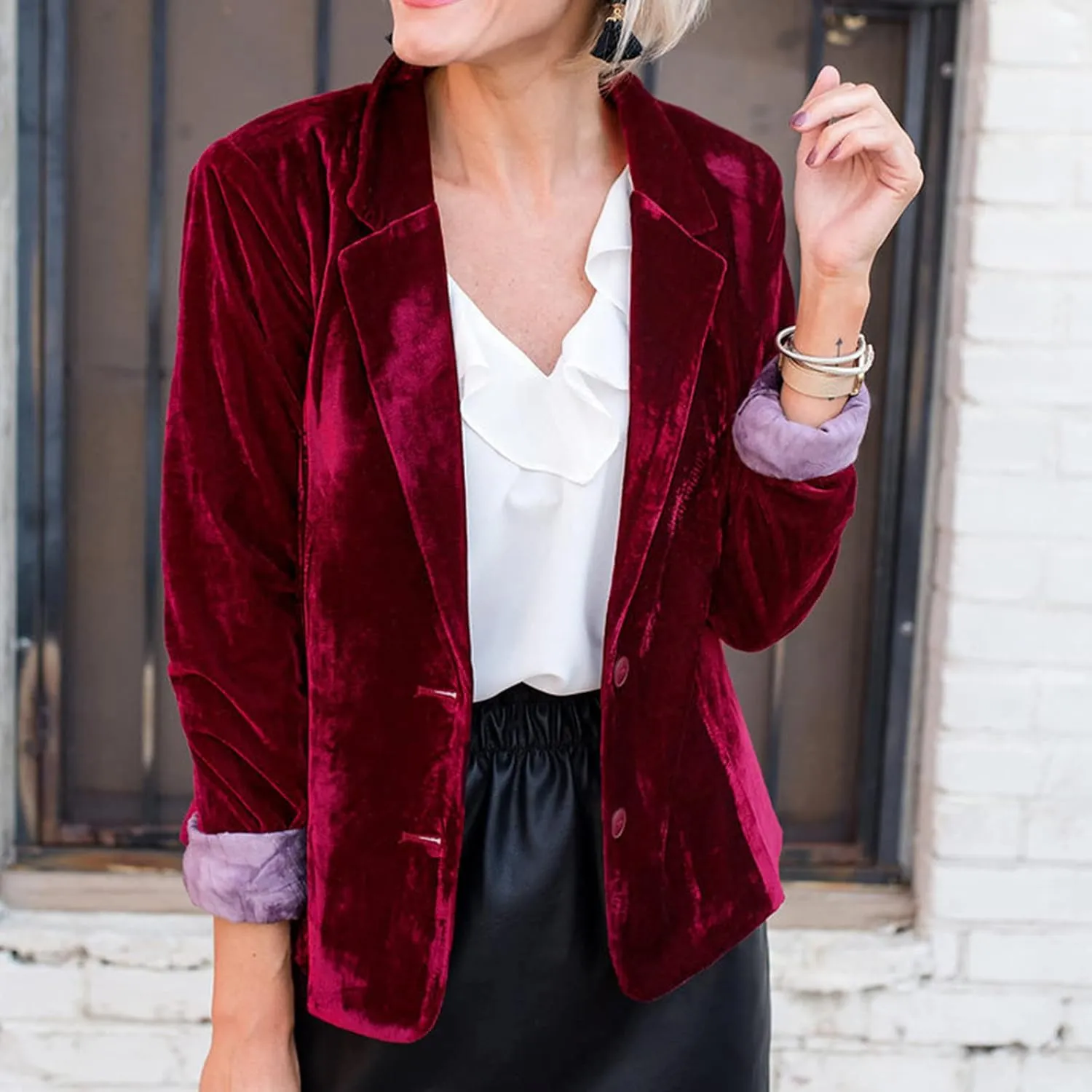BOXIACEY Velvet Blazer Jackets for Women Notch Lapel Button Down Blazer Casual Long Sleeve Work Office Suit Cardigan