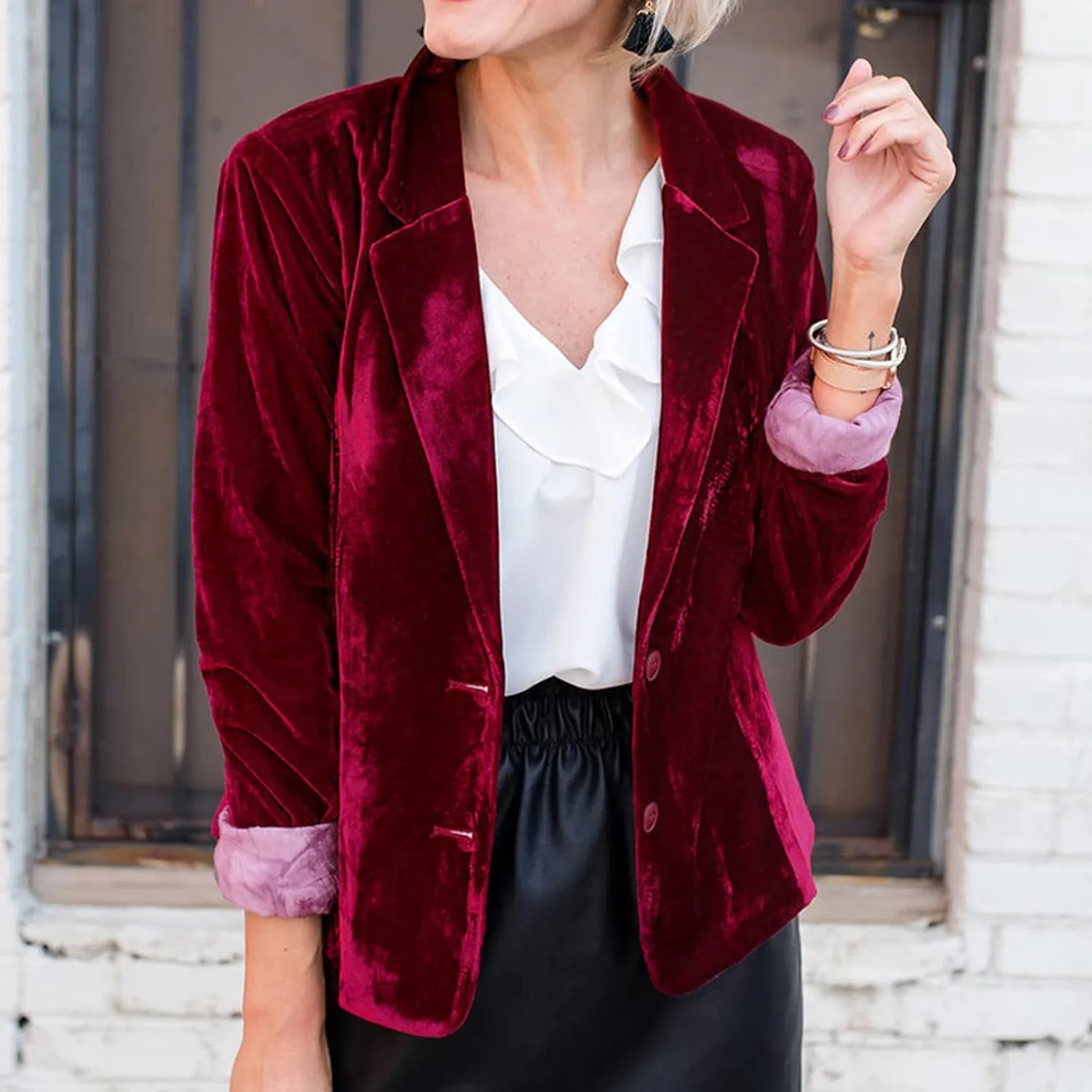 BOXIACEY Velvet Blazer Jackets for Women Notch Lapel Button Down Blazer Casual Long Sleeve Work Office Suit Cardigan