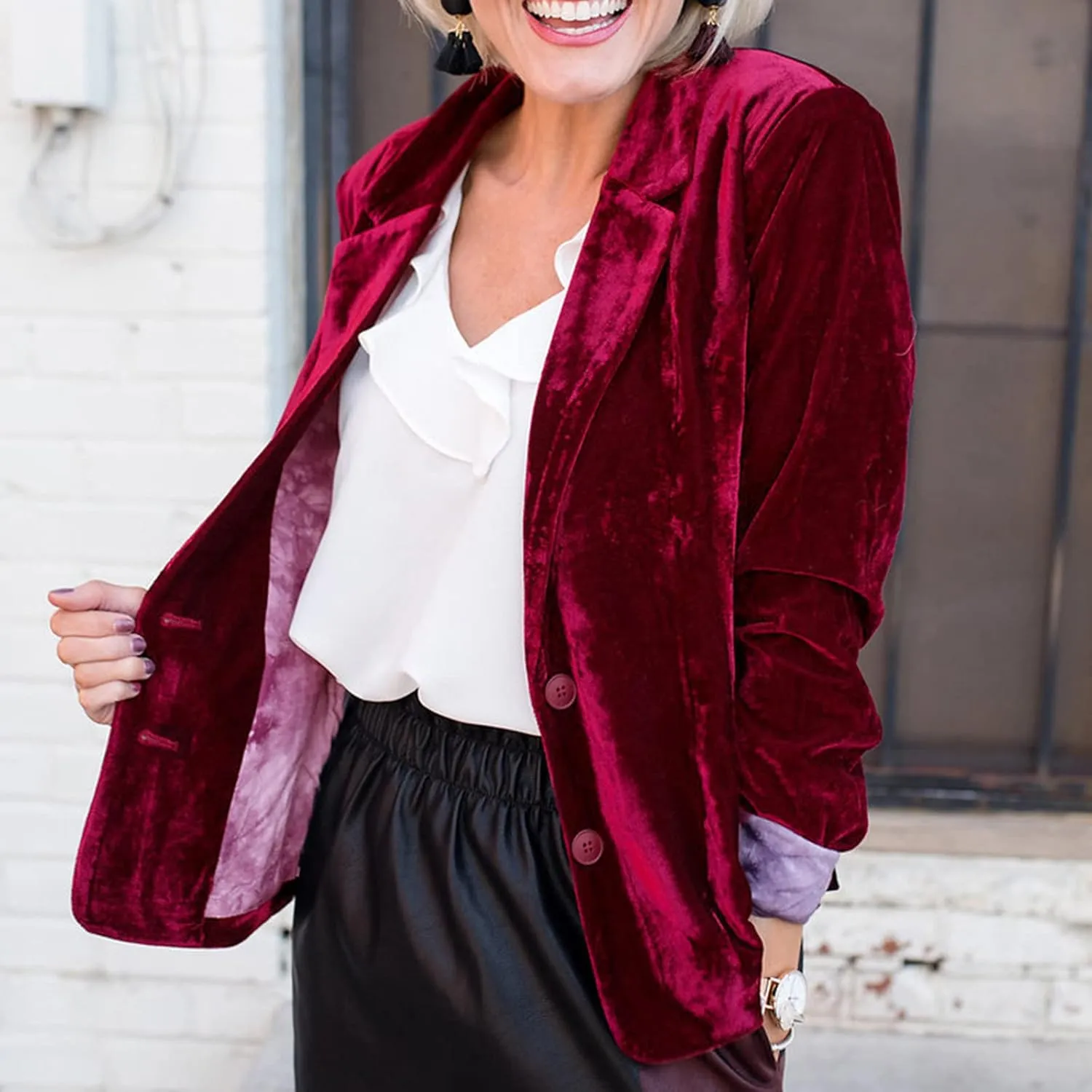 BOXIACEY Velvet Blazer Jackets for Women Notch Lapel Button Down Blazer Casual Long Sleeve Work Office Suit Cardigan