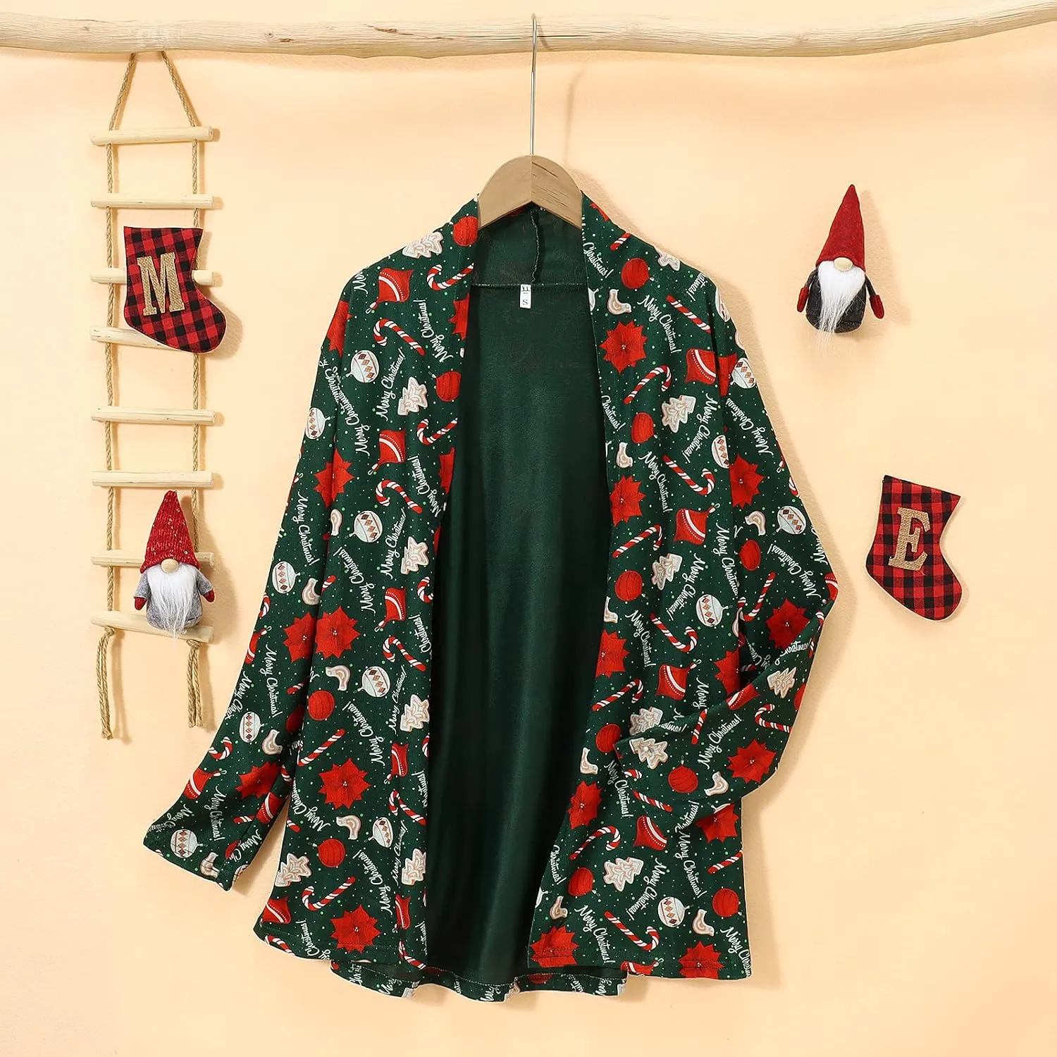 Christmas Cardigan Sweaters for Women Xmas Tree Red Plaid Knitting Open Front Cardigans Holiday Long Sleeve Top