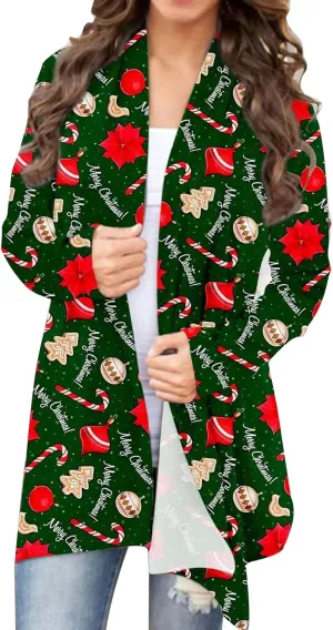 Christmas Cardigan Sweaters for Women Xmas Tree Red Plaid Knitting Open Front Cardigans Holiday Long Sleeve Top