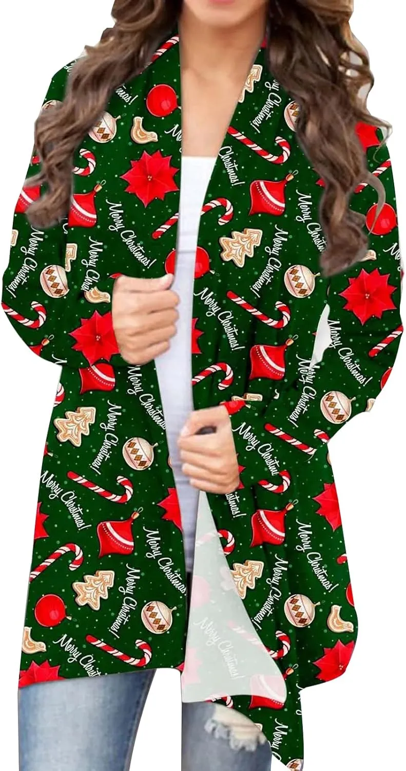 Christmas Cardigan Sweaters for Women Xmas Tree Red Plaid Knitting Open Front Cardigans Holiday Long Sleeve Top