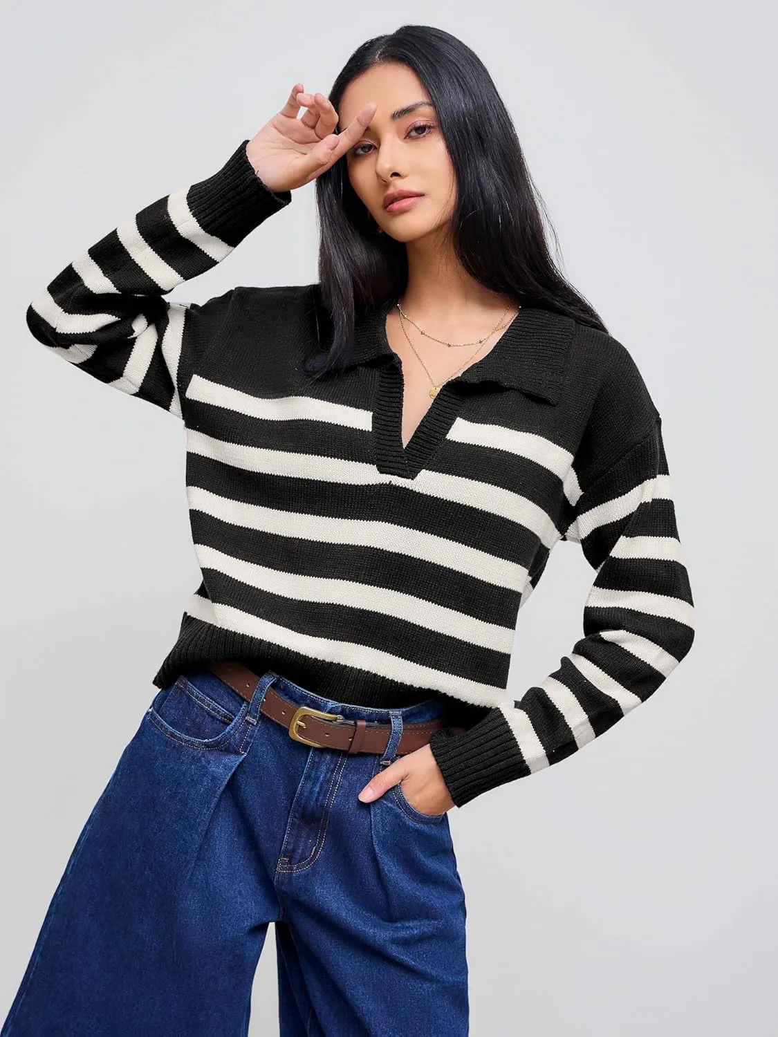CIDER Womens Polo Sweater Striped Collared Lightweight Long Sleeve V Neck Pullover Fall Sweater Tops 2024