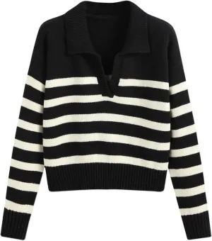 CIDER Womens Polo Sweater Striped Collared Lightweight Long Sleeve V Neck Pullover Fall Sweater Tops 2024