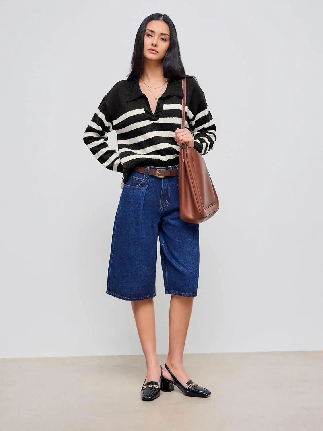 CIDER Womens Polo Sweater Striped Collared Lightweight Long Sleeve V Neck Pullover Fall Sweater Tops 2024