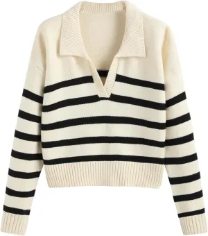 CIDER Womens Polo Sweater Striped Collared Lightweight Long Sleeve V Neck Pullover Fall Sweater Tops 2024