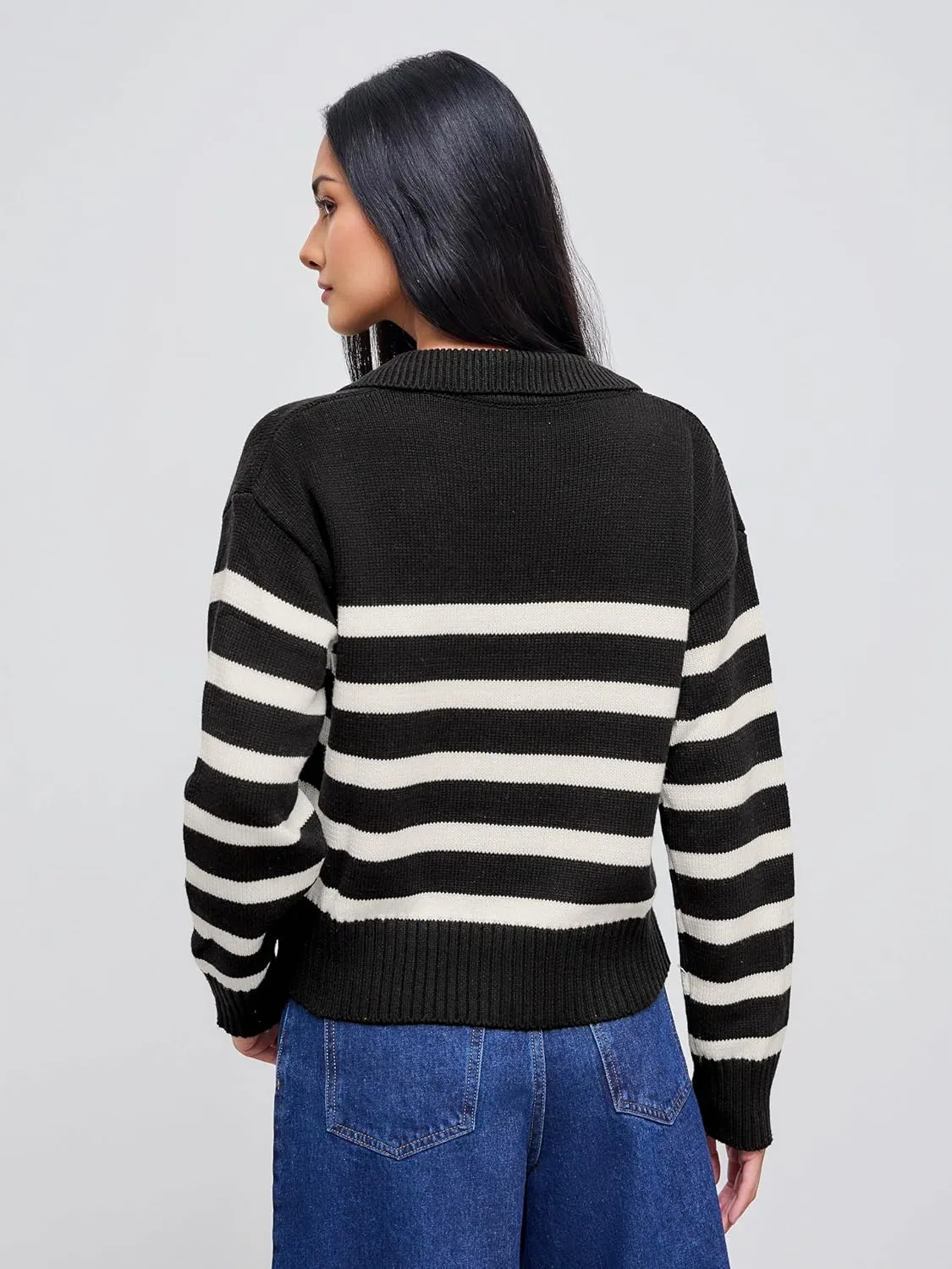 CIDER Womens Polo Sweater Striped Collared Lightweight Long Sleeve V Neck Pullover Fall Sweater Tops 2024