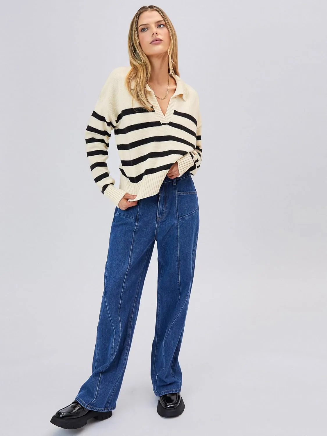 CIDER Womens Polo Sweater Striped Collared Lightweight Long Sleeve V Neck Pullover Fall Sweater Tops 2024