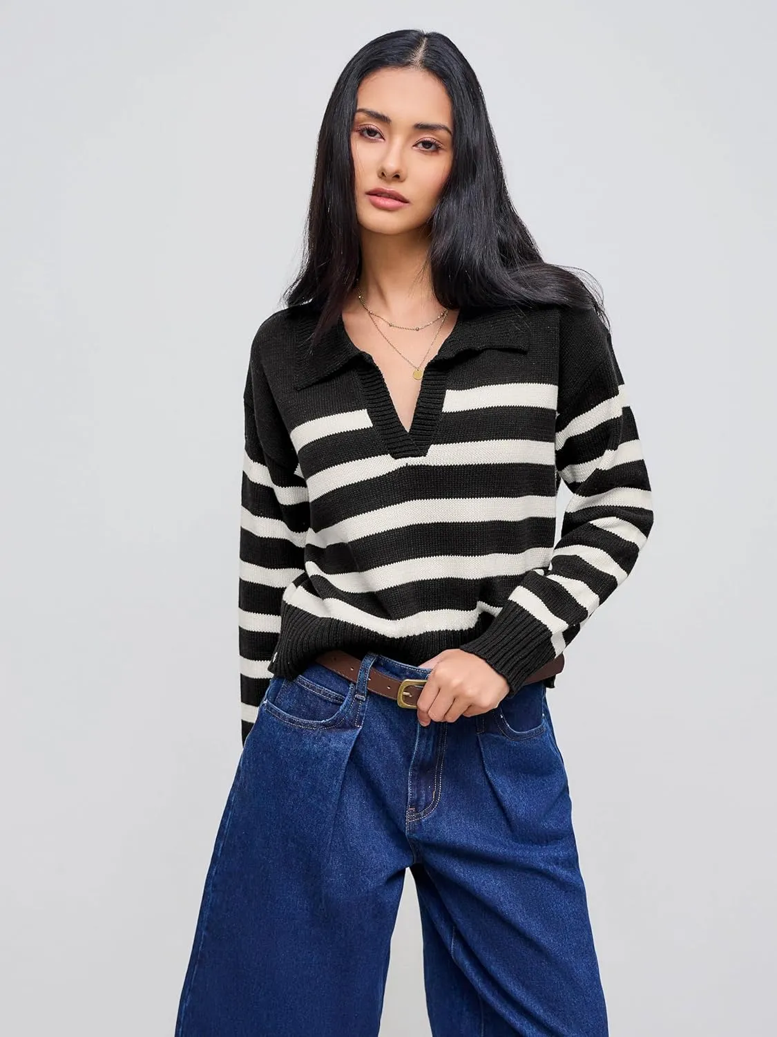 CIDER Womens Polo Sweater Striped Collared Lightweight Long Sleeve V Neck Pullover Fall Sweater Tops 2024