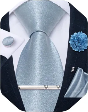 DiBanGu Mens Satin Tie with Lapel Pin Tie Clip Shiny Solid Color Necktie and Pocket Square Cufflinks Set for Wedding Party