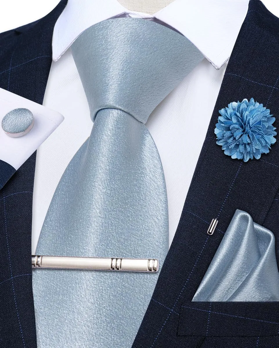 DiBanGu Mens Satin Tie with Lapel Pin Tie Clip Shiny Solid Color Necktie and Pocket Square Cufflinks Set for Wedding Party