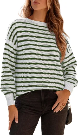 Dokotoo Sweaters for Women Crewneck Long Sleeve Striped Color Block Loose Knit Pullover Sweater Tops