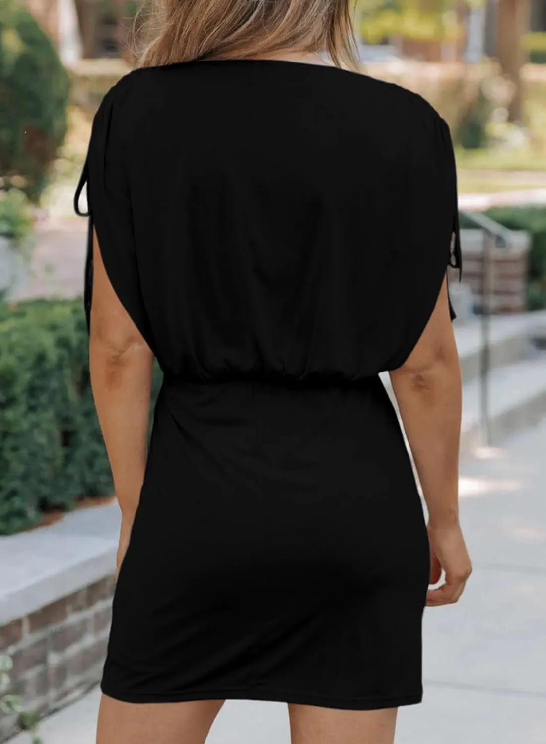 Dokotoo Womens 2024 Summer Dress Drawstring Cap Sleeve Crew Neck Wrap Bodycon Dresses Mini Short Dress