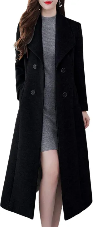 ebossy Women's Shawl Collar Double Breasted Below Knee Slim Wool Trench Long Coat