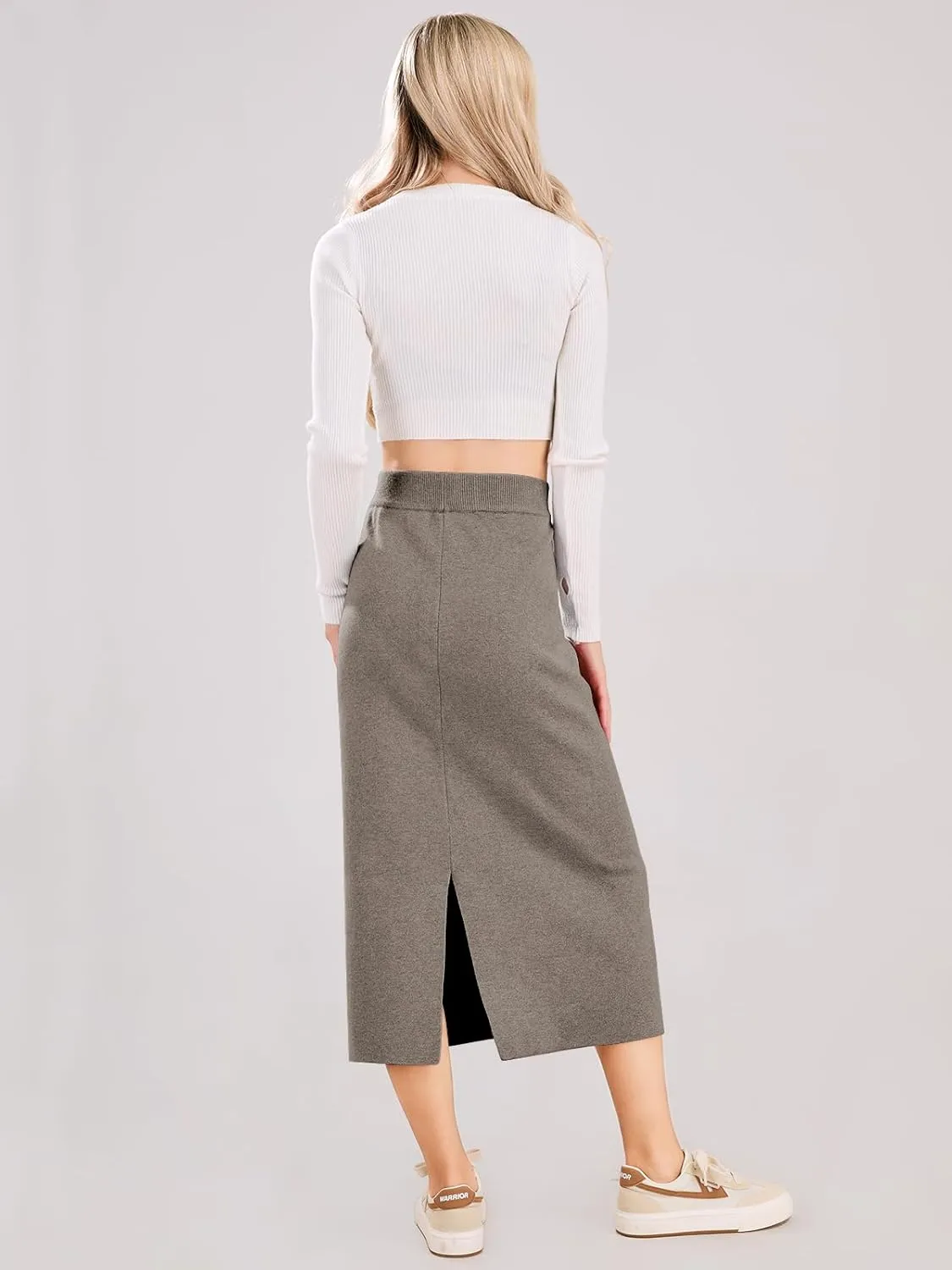 ebossy Women's Winter Warm High Waist Side Slit Wool Blend Long Skirts Rib Knit Stretchy Bodycon Pencil Skirt