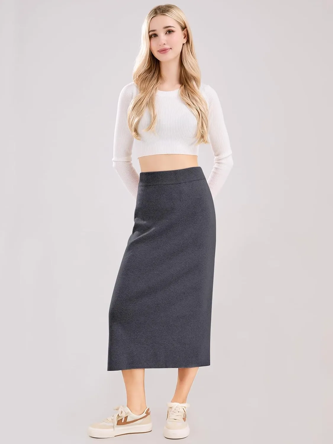 ebossy Women's Winter Warm High Waist Side Slit Wool Blend Long Skirts Rib Knit Stretchy Bodycon Pencil Skirt