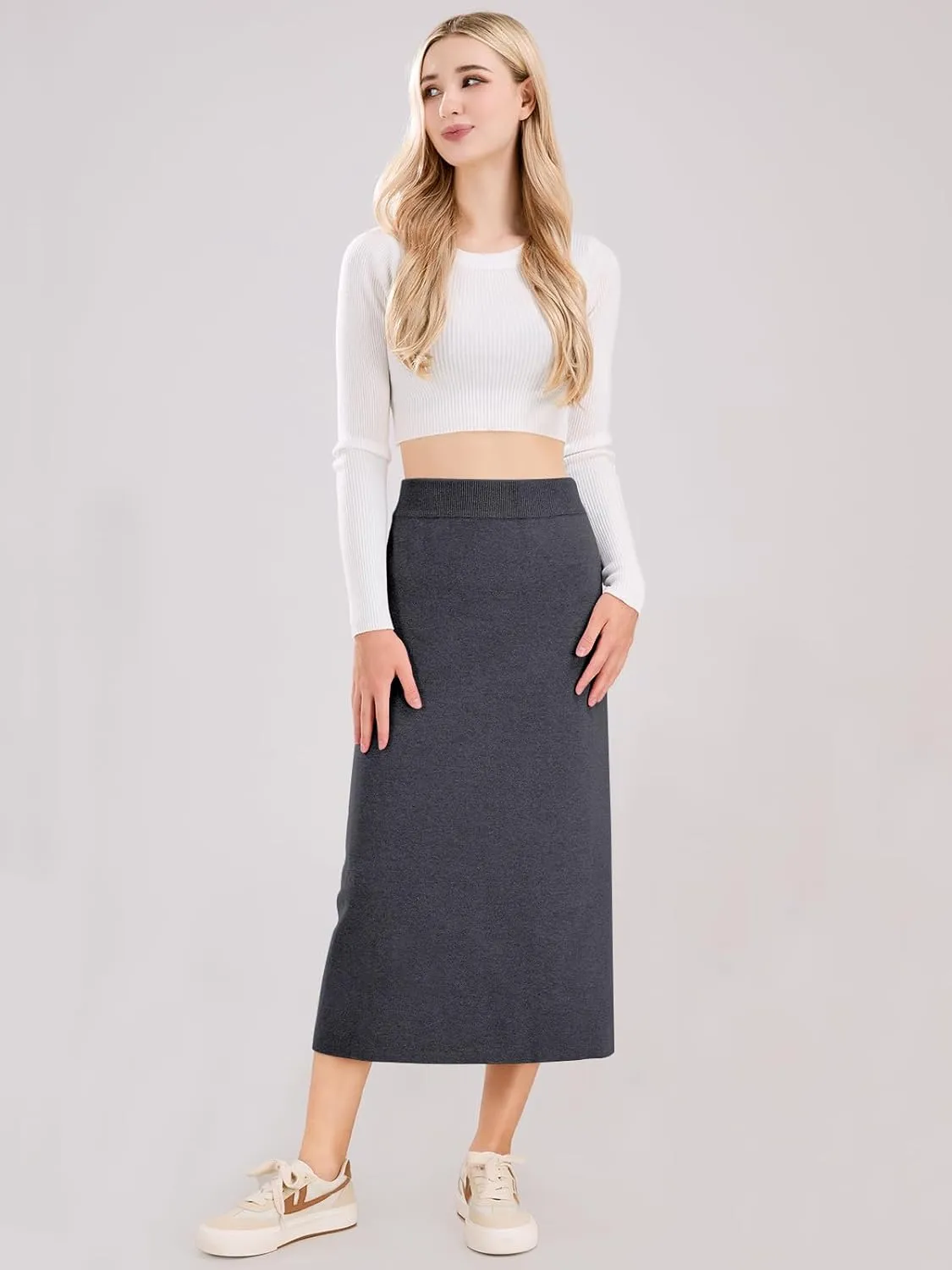 ebossy Women's Winter Warm High Waist Side Slit Wool Blend Long Skirts Rib Knit Stretchy Bodycon Pencil Skirt