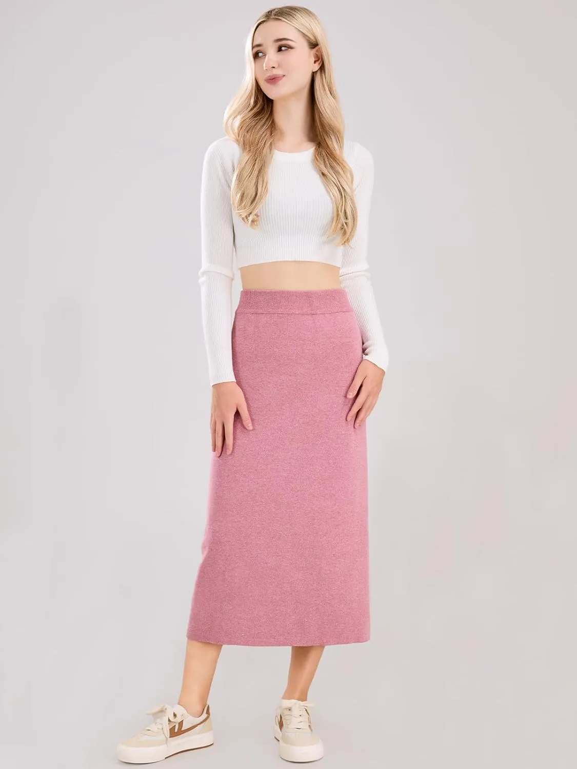 ebossy Women's Winter Warm High Waist Side Slit Wool Blend Long Skirts Rib Knit Stretchy Bodycon Pencil Skirt