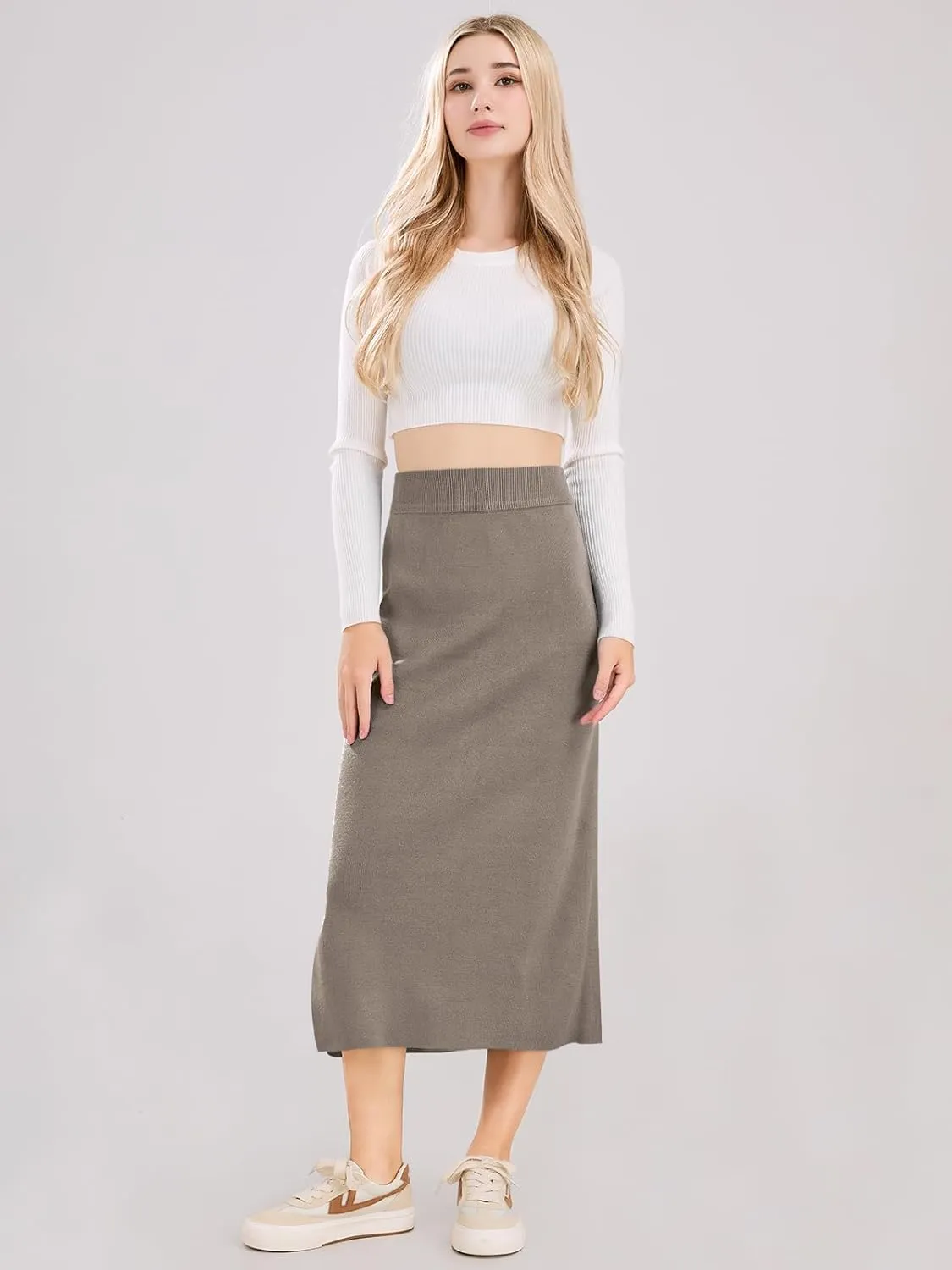 ebossy Women's Winter Warm High Waist Side Slit Wool Blend Long Skirts Rib Knit Stretchy Bodycon Pencil Skirt
