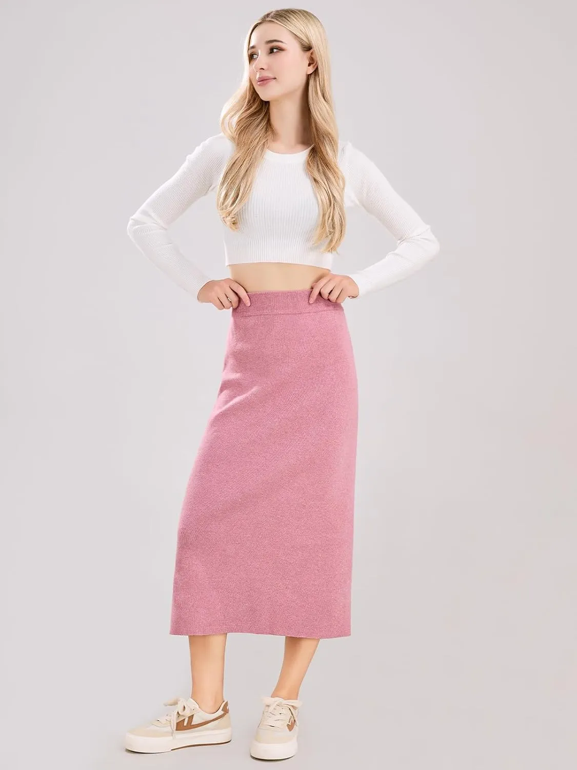 ebossy Women's Winter Warm High Waist Side Slit Wool Blend Long Skirts Rib Knit Stretchy Bodycon Pencil Skirt