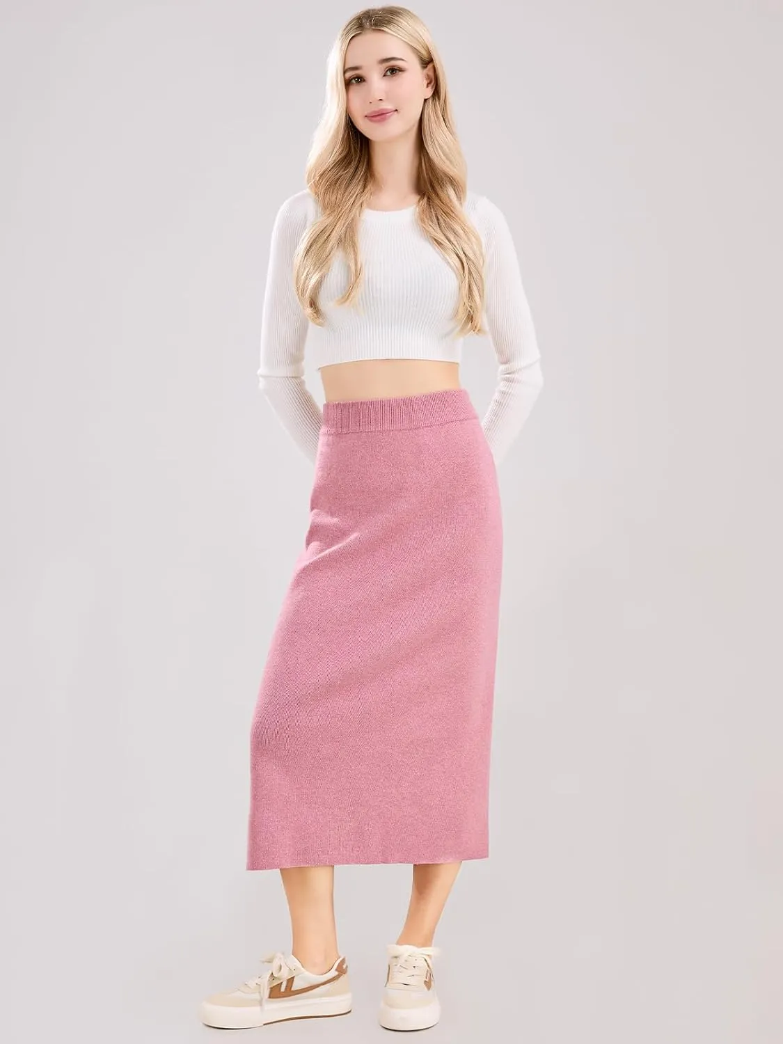 ebossy Women's Winter Warm High Waist Side Slit Wool Blend Long Skirts Rib Knit Stretchy Bodycon Pencil Skirt
