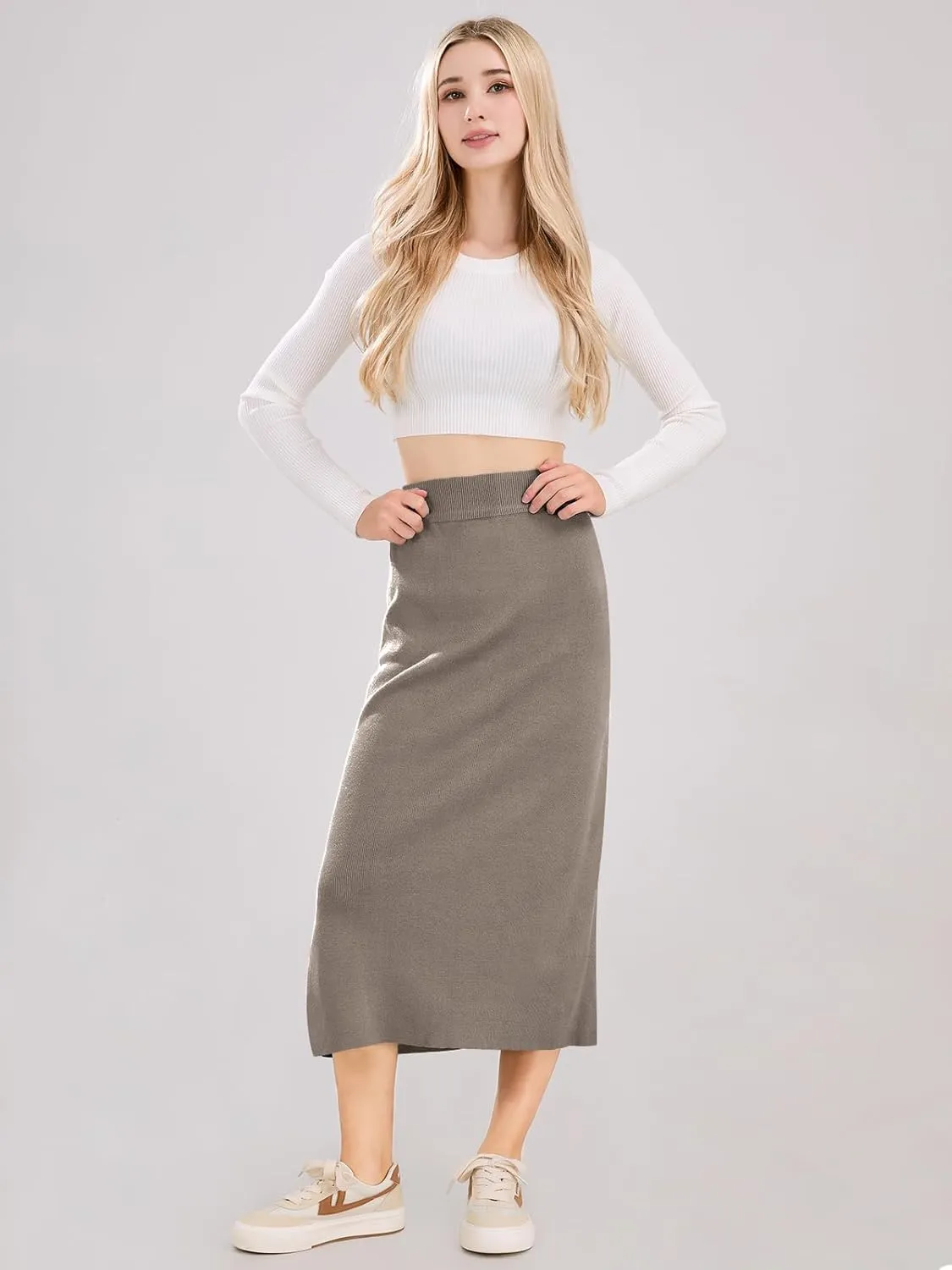 ebossy Women's Winter Warm High Waist Side Slit Wool Blend Long Skirts Rib Knit Stretchy Bodycon Pencil Skirt