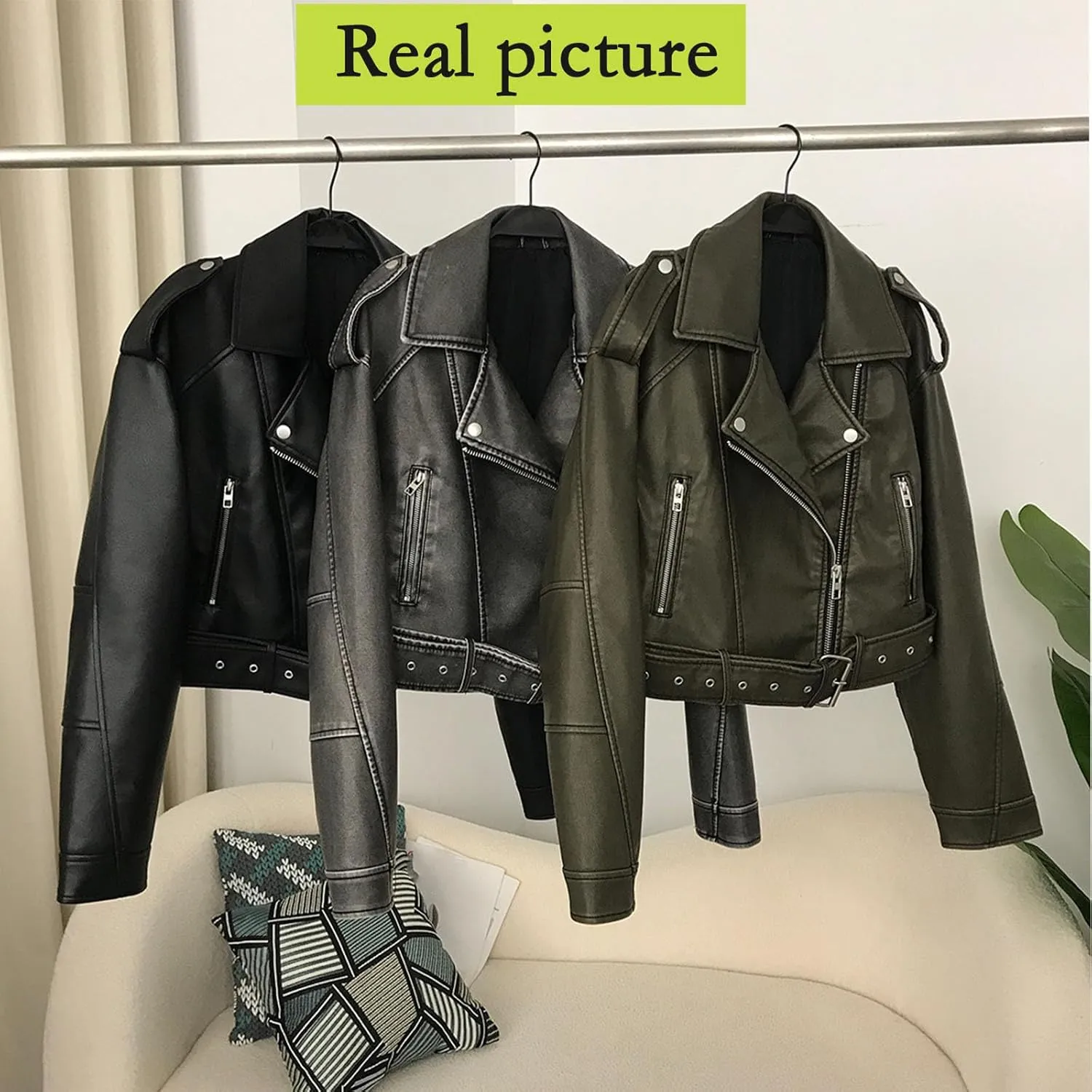 Faux leather jacket womens motorcycle Coat Lapel Casual Zip Up Cropped jacket Moto Biker Outwear with Belt(Gray,Medium)