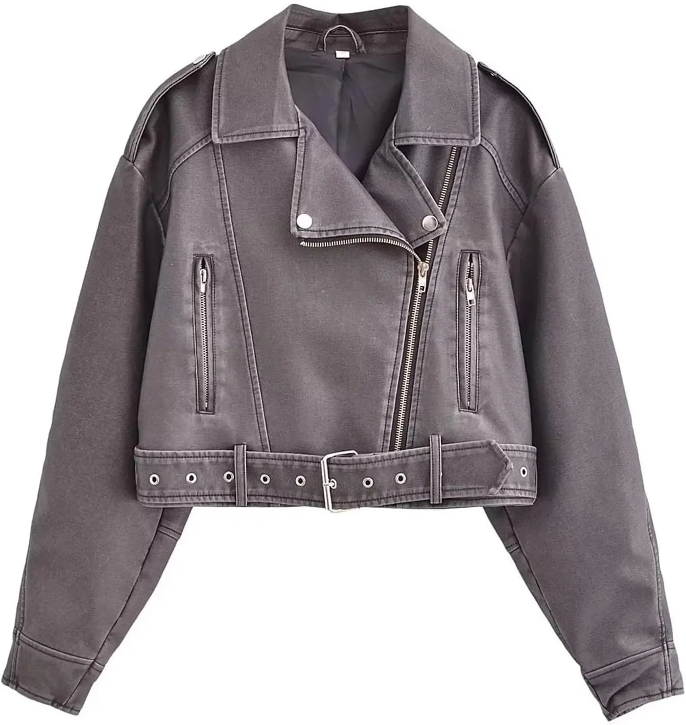 Faux leather jacket womens motorcycle Coat Lapel Casual Zip Up Cropped jacket Moto Biker Outwear with Belt(Gray,Medium)