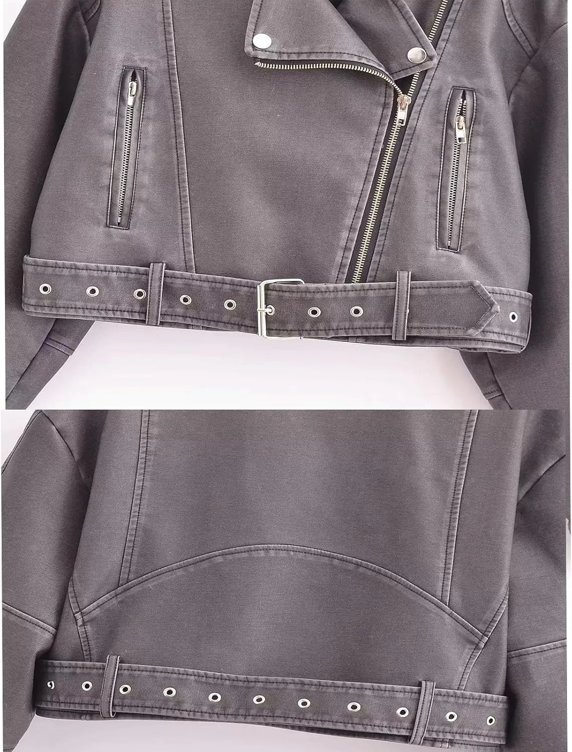 Faux leather jacket womens motorcycle Coat Lapel Casual Zip Up Cropped jacket Moto Biker Outwear with Belt(Gray,Medium)