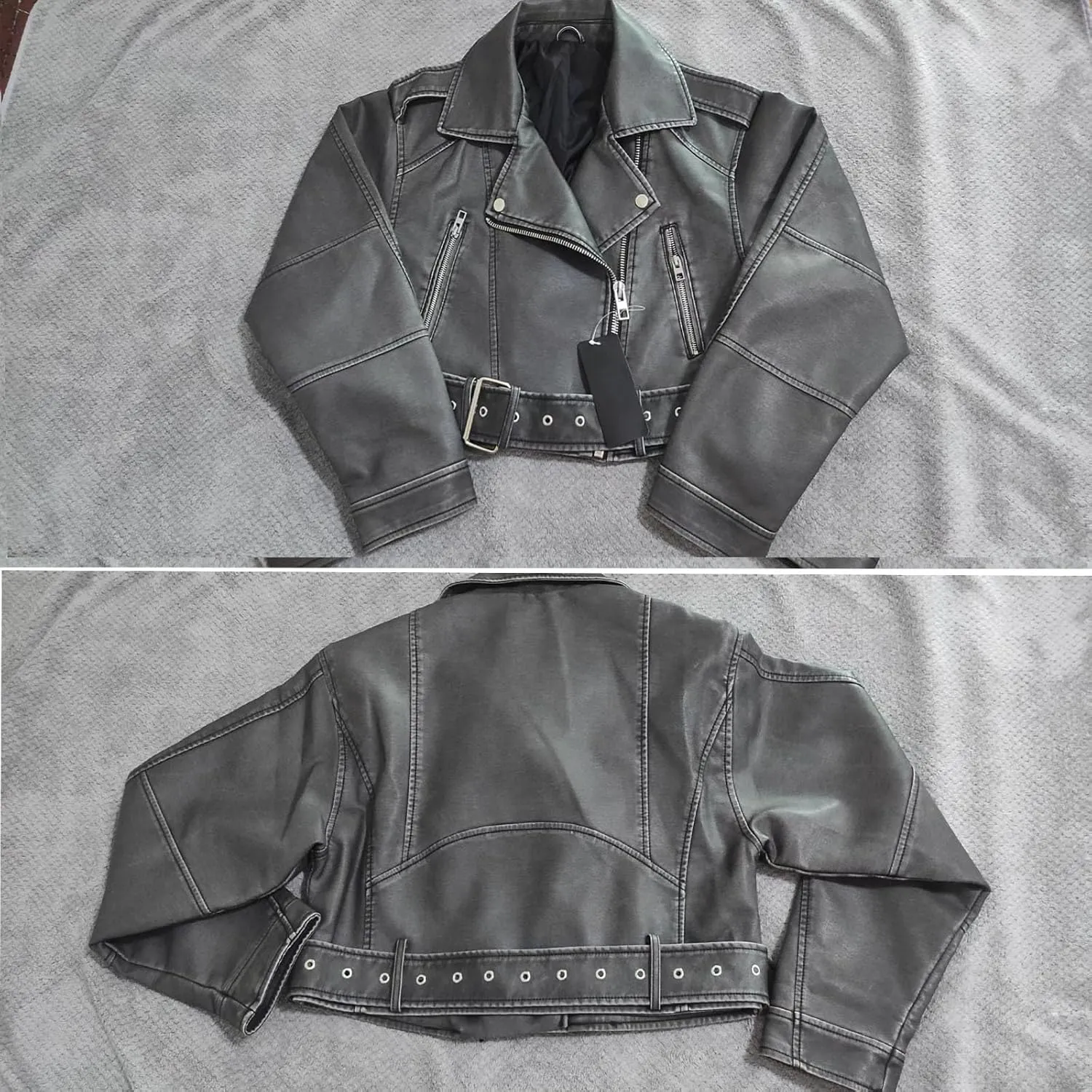 Faux leather jacket womens motorcycle Coat Lapel Casual Zip Up Cropped jacket Moto Biker Outwear with Belt(Gray,Medium)