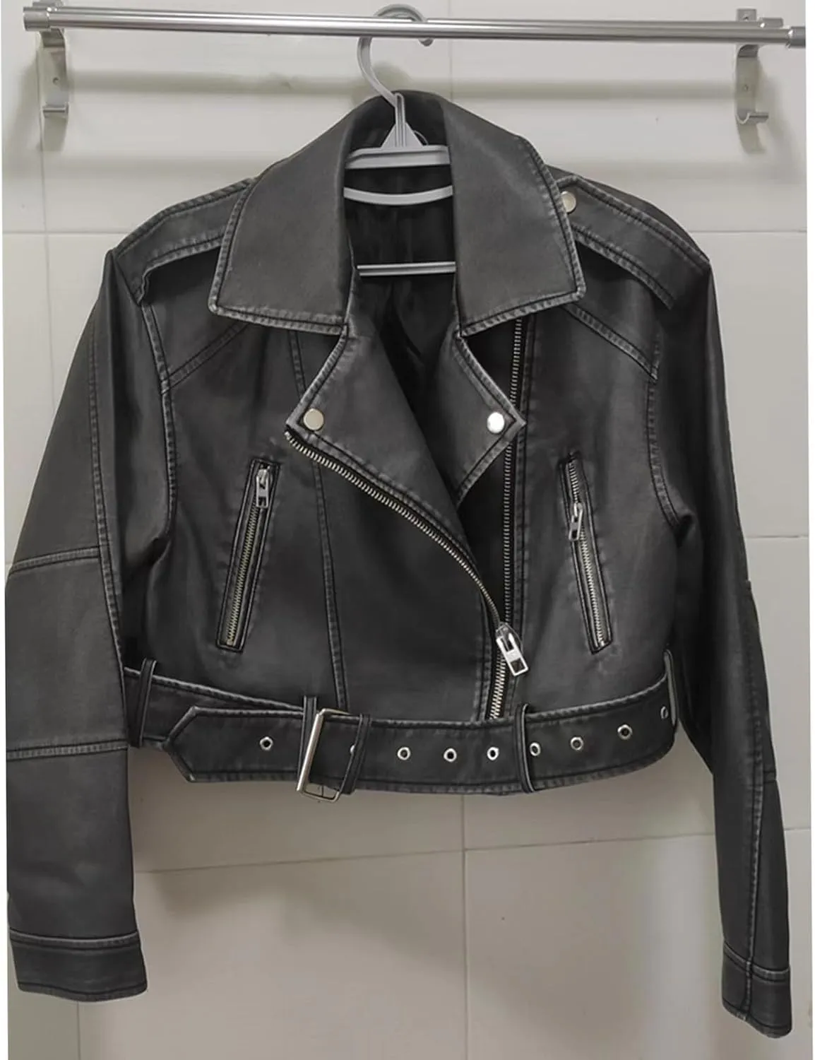 Faux leather jacket womens motorcycle Coat Lapel Casual Zip Up Cropped jacket Moto Biker Outwear with Belt(Gray,Medium)