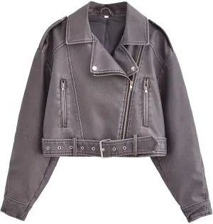 Faux leather jacket womens motorcycle Coat Lapel Casual Zip Up Cropped jacket Moto Biker Outwear with Belt(Gray,Medium)