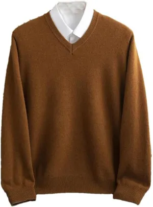 Hamthuit Men's Wool V-Neck Pullover Warm Solid Color Sweater Business Base Shirt Soft Slim Sweater