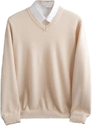 Hamthuit Men's Wool V-Neck Pullover Warm Solid Color Sweater Business Base Shirt Soft Slim Sweater