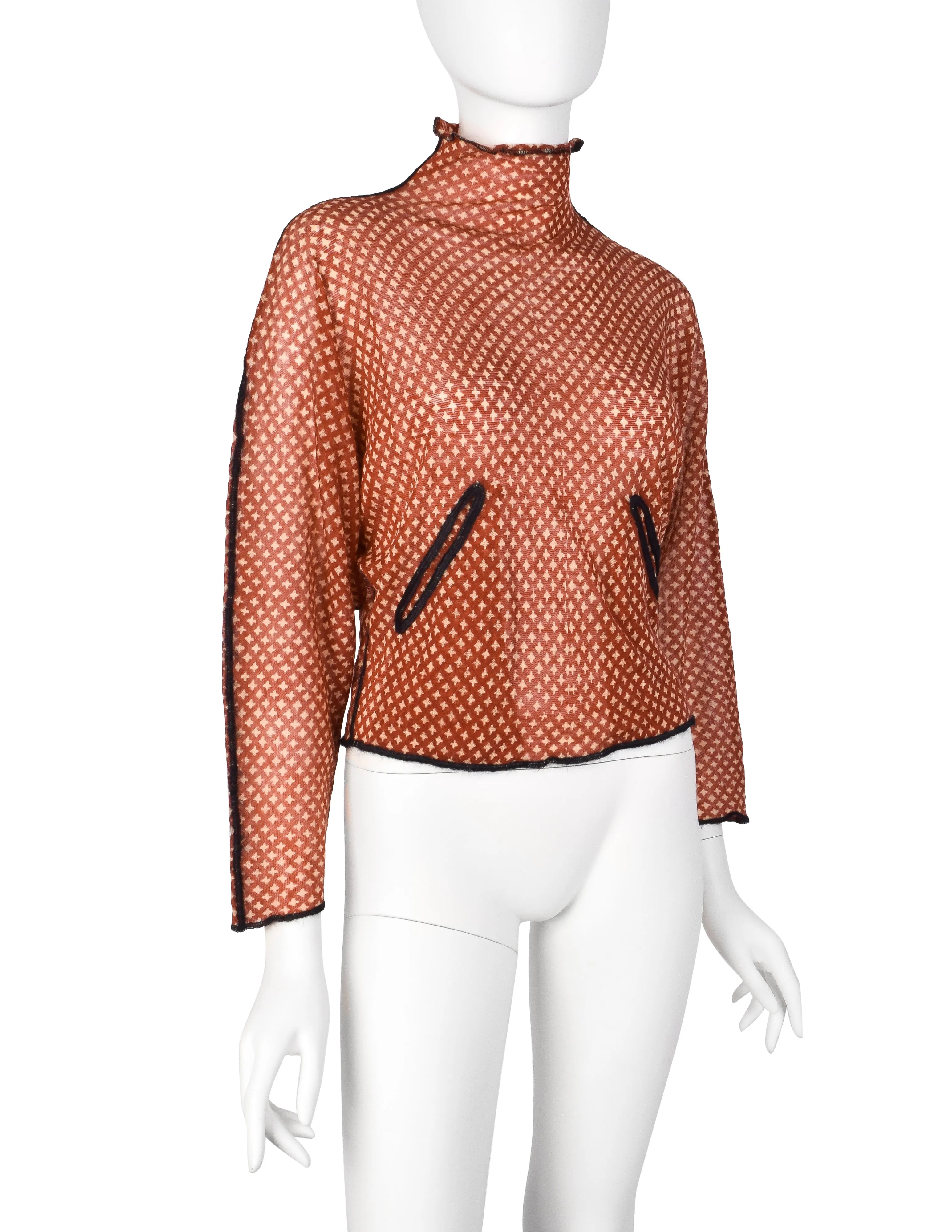Jean Paul Gaultier Vintage AW 2000 Red Beige Star Print Sheer Wool Cropped Sweater