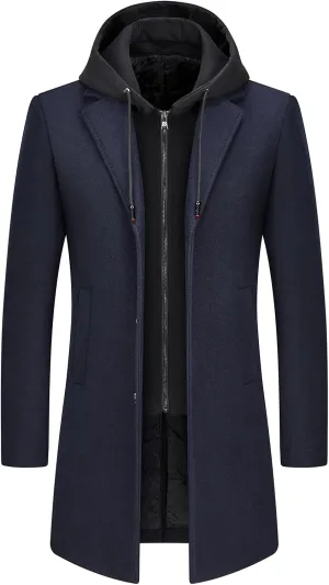 Lamgool Men's Winter Long Coat Wool Blend Single Breasted Overcoat With Removable Hood