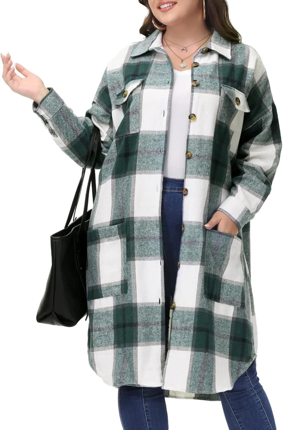 MCEDAR Women's Oversized Long Plaid Shacket Jacket Casual Lapel Long Sleeve Button Down Plus Size Flannel Shirt (S-4X)